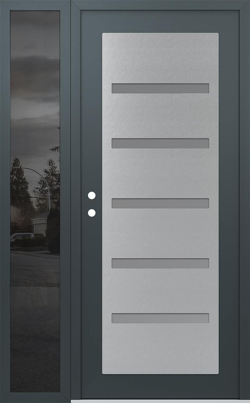 Modern Steel Front Door Diamond C7 48" x 80" anthracite/anthracite frosted Glass Panel stainless steel RHI with Sidelite mirrored Glass