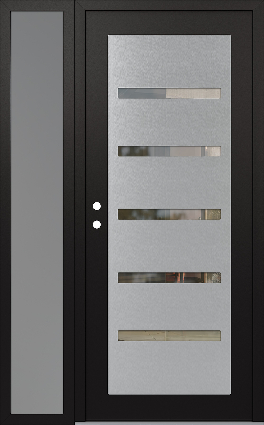 Modern Steel Front Door Diamond C7 48" x 80" black/black clear Glass Panel stainless steel RHI with Sidelite frosted Glass
