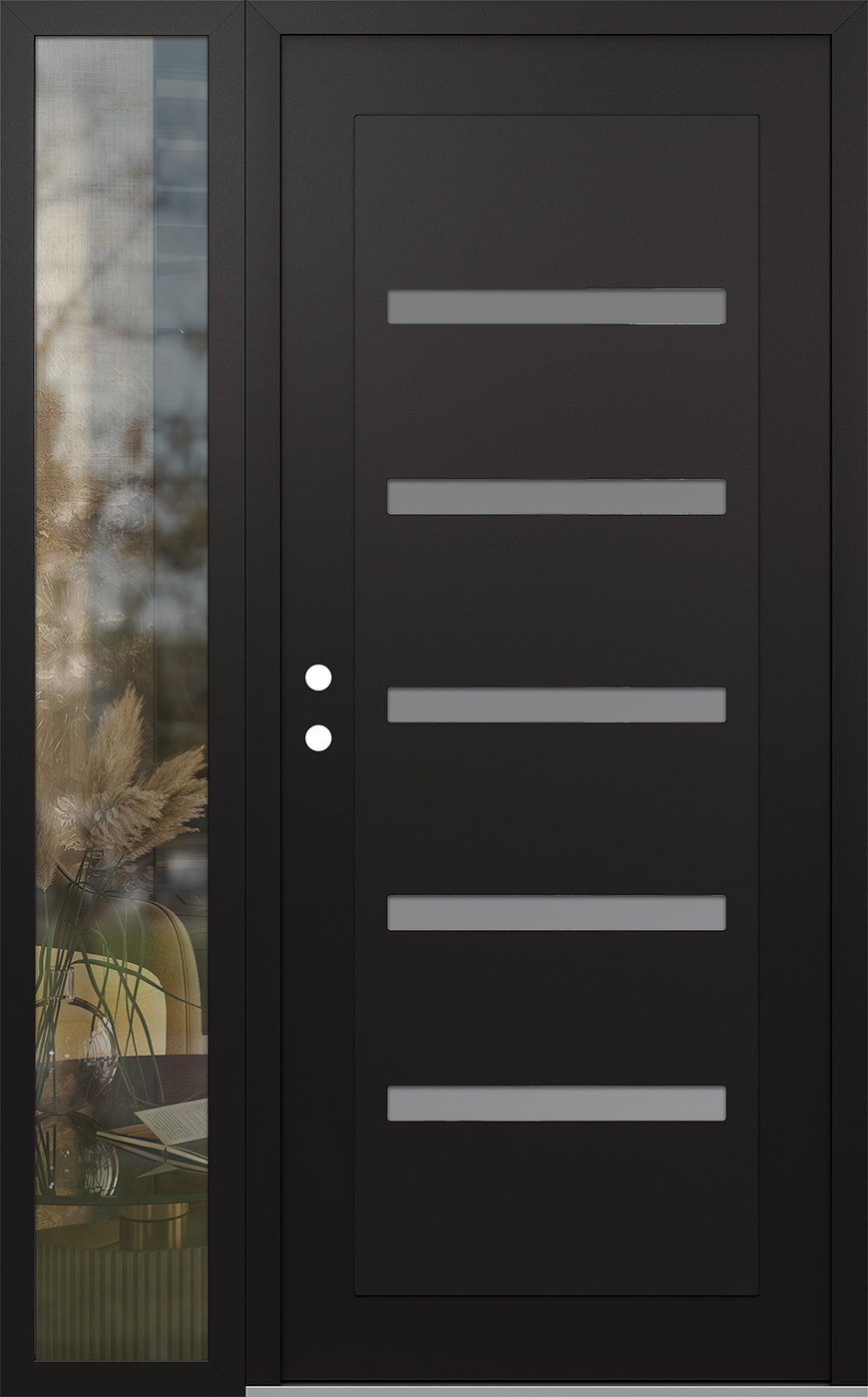 Modern Steel Front Door Diamond C7 48" x 80" black/white frosted Glass Panel black RHI with Sidelite clear Glass