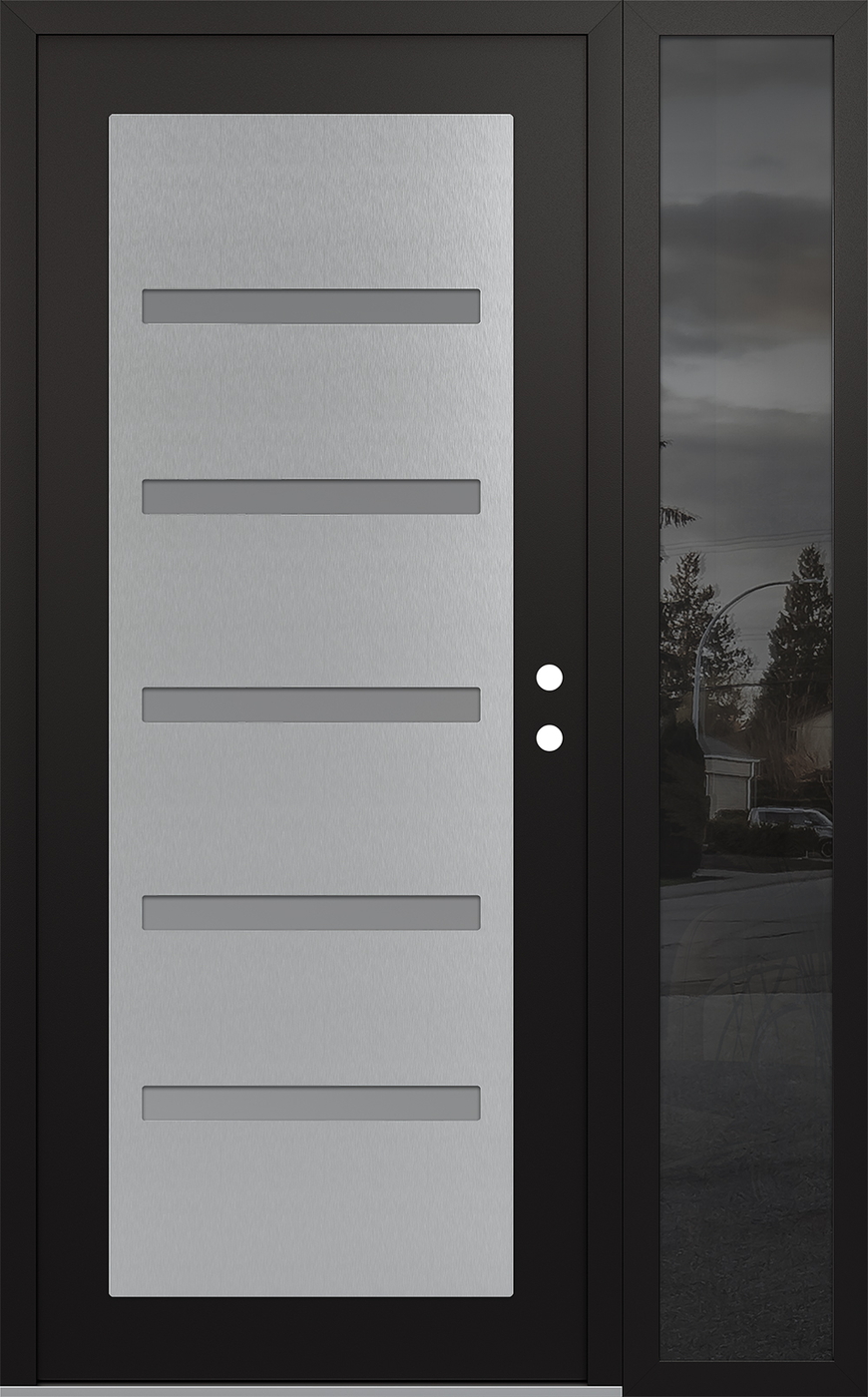 Modern Steel Front Door Diamond C7 48" x 80" black/white frosted Glass Panel stainless steel LHI with Sidelite mirrored Glass