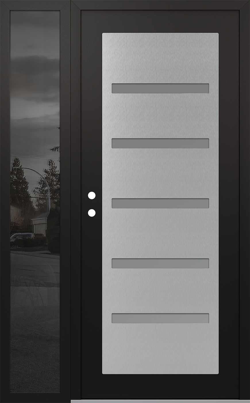 Modern Steel Front Door Diamond C7 48" x 80" black/white frosted Glass Panel stainless steel RHI with Sidelite mirrored Glass