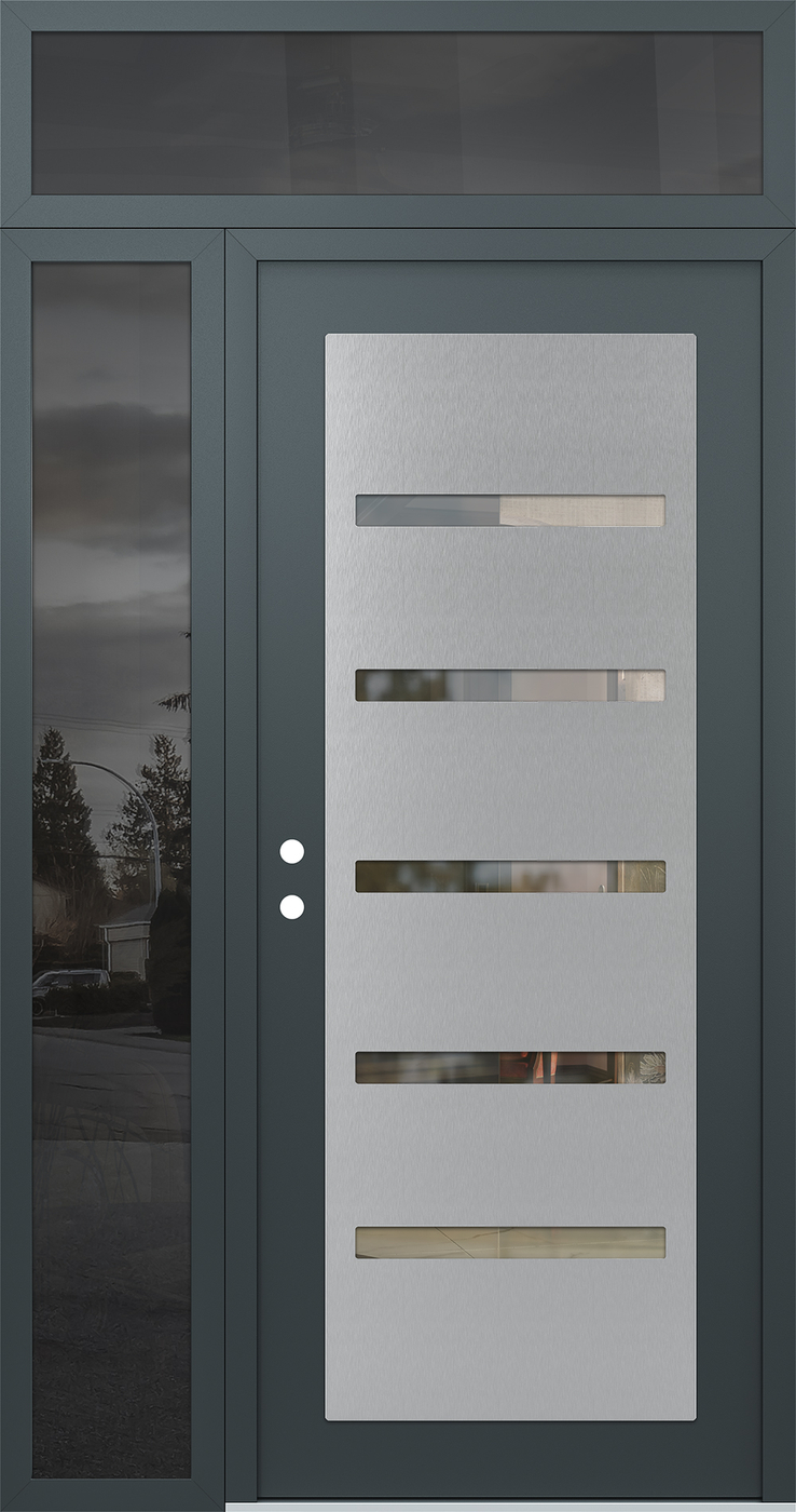 Modern Steel Front Door Diamond C7 48" x 96" anthracite/anthracite clear Glass Panel stainless steel RHI with Sidelite and Transom mirrored Glass