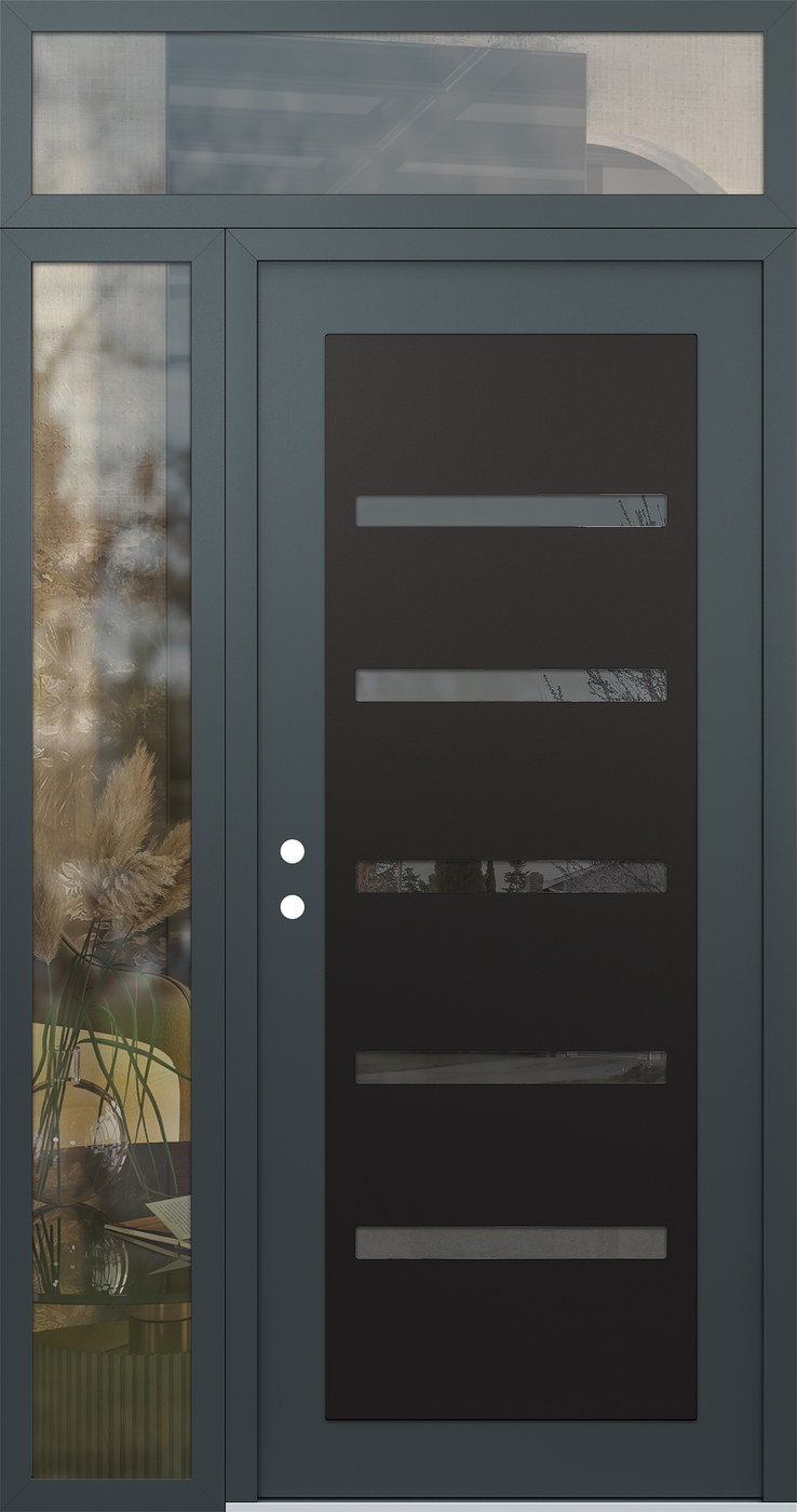 Modern Steel Front Door Diamond C7 48" x 96" anthracite/anthracite mirrored Glass Panel black RHI with Sidelite and Transom clear Glass
