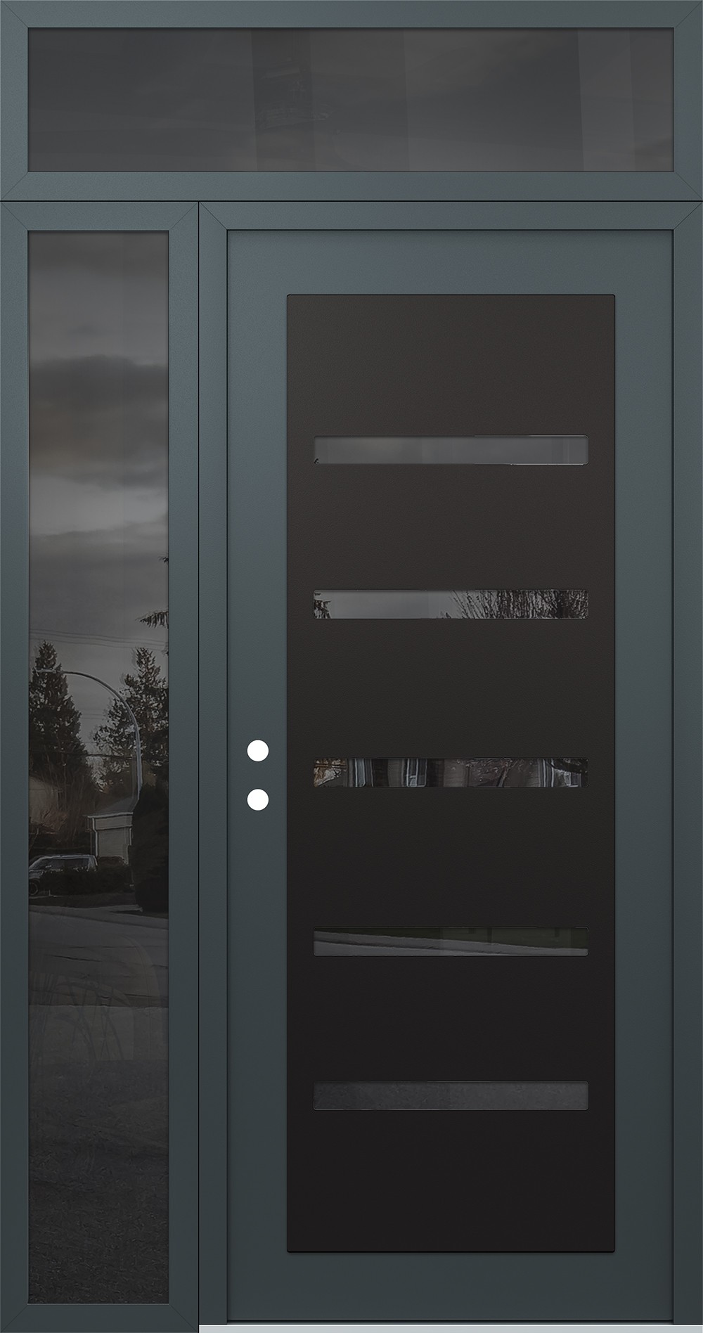 Modern Steel Front Door Diamond C7 48" x 96" anthracite/anthracite mirrored Glass Panel black RHI with Sidelite and Transom mirrored Glass