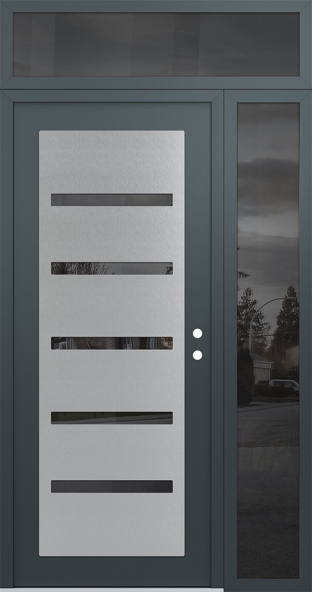 Modern Steel Front Door Diamond C7 48" x 96" anthracite/anthracite mirrored Glass Panel stainless steel LHI with Sidelite and Transom mirrored Glass