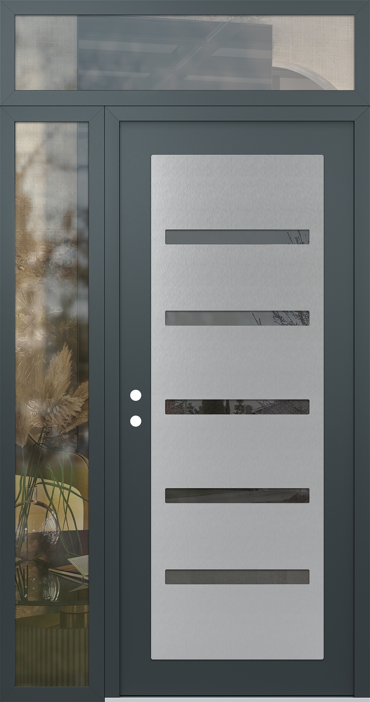 Modern Steel Front Door Diamond C7 48" x 96" anthracite/anthracite mirrored Glass Panel stainless steel RHI with Sidelite and Transom clear Glass
