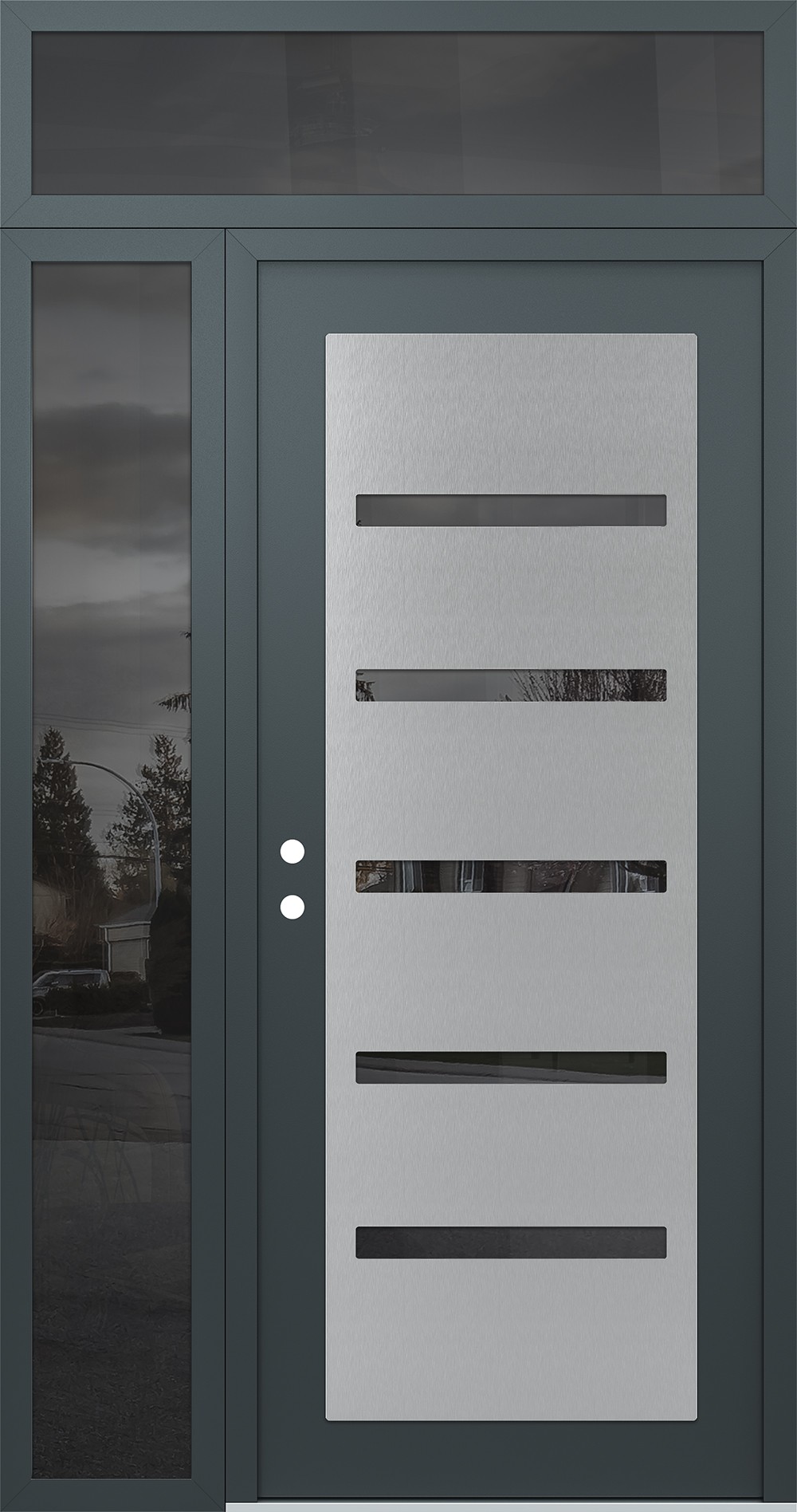 Modern Steel Front Door Diamond C7 48" x 96" anthracite/anthracite mirrored Glass Panel stainless steel RHI with Sidelite and Transom mirrored Glass