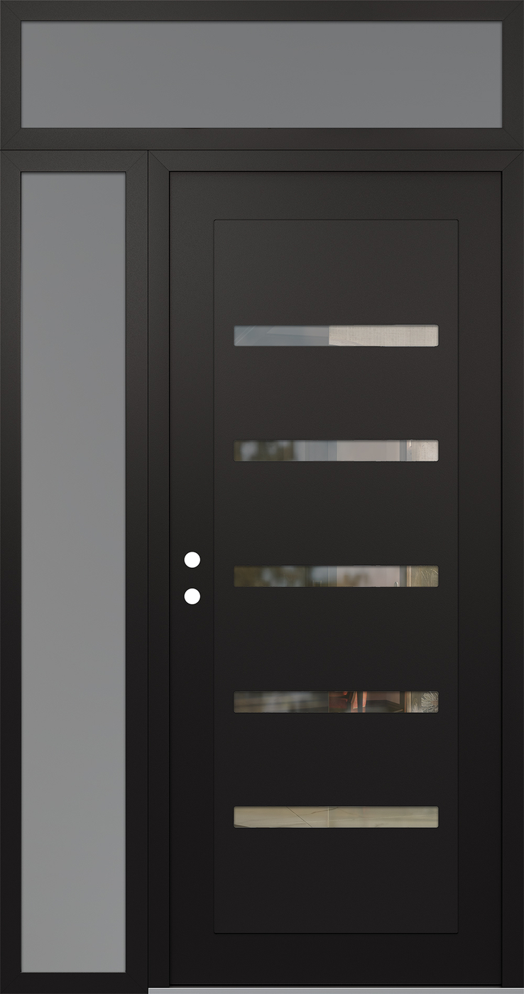Modern Steel Front Door Diamond C7 48" x 96" black/black clear Glass Panel black RHI with Sidelite and Transom frosted Glass