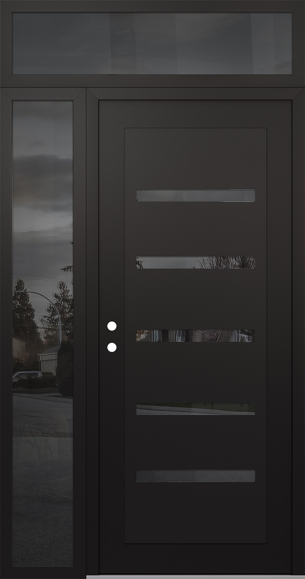 Modern Steel Front Door Diamond C7 48" x 96" black/black mirrored Glass Panel black RHI with Sidelite and Transom mirrored Glass