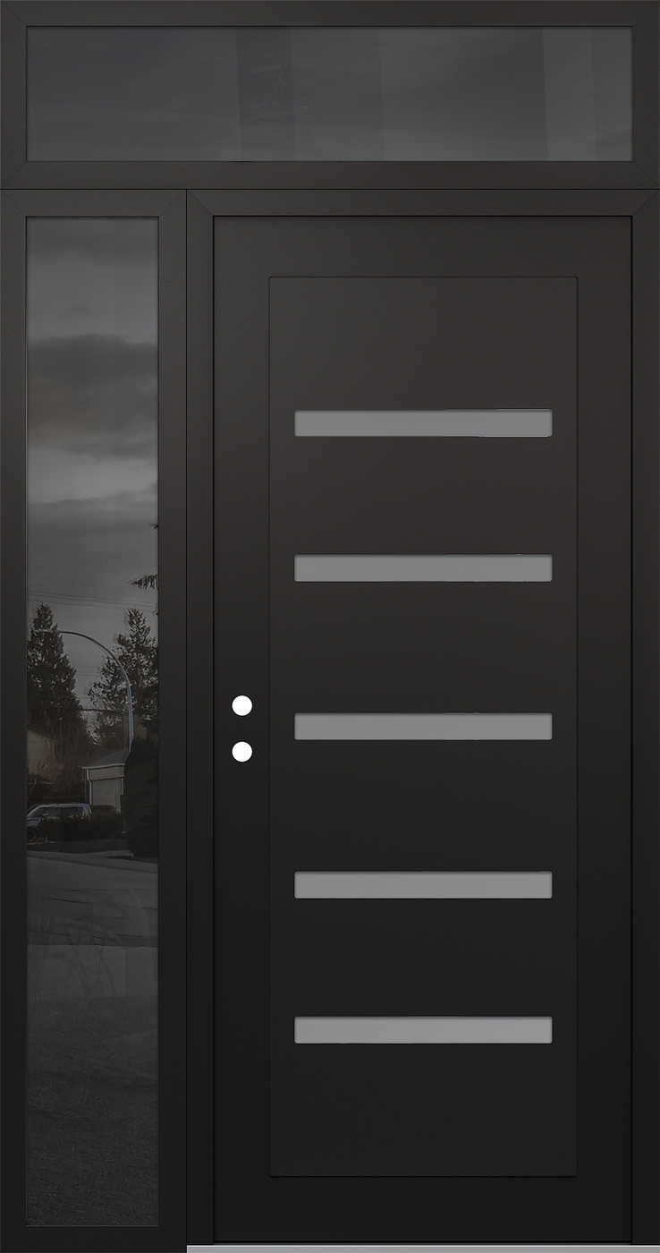 Modern Steel Front Door Diamond C7 48" x 96" black/white frosted Glass Panel black RHI with Sidelite and Transom mirrored Glass