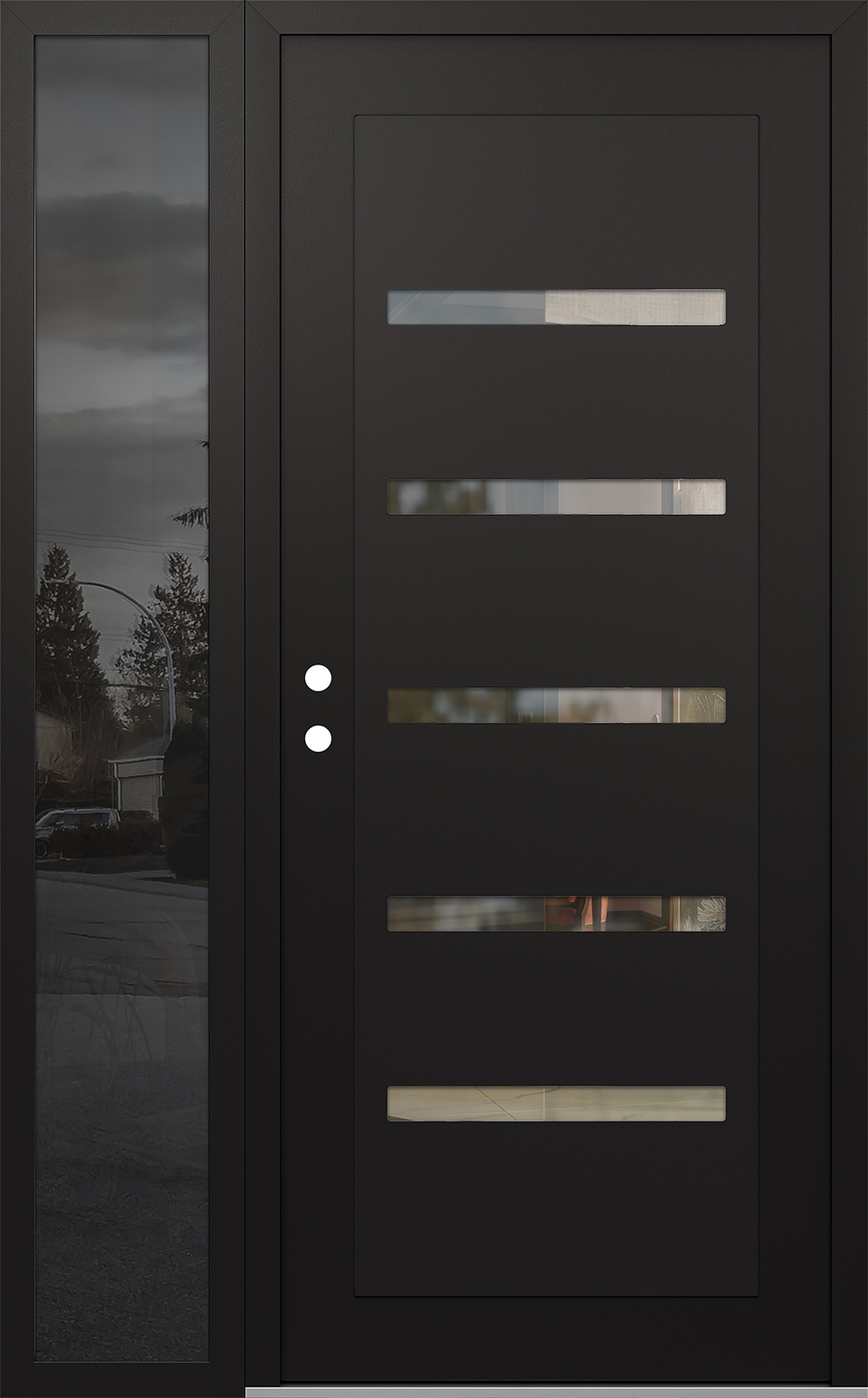 Modern Steel Front Door Diamond C7 50" x 80" black/black clear Glass Panel black RHI with Sidelite mirrored Glass