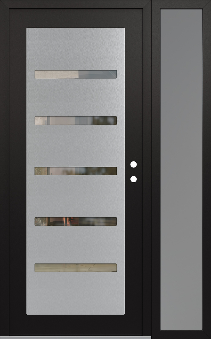 Modern Steel Front Door Diamond C7 50" x 80" black/black clear Glass Panel stainless steel LHI with Sidelite frosted Glass