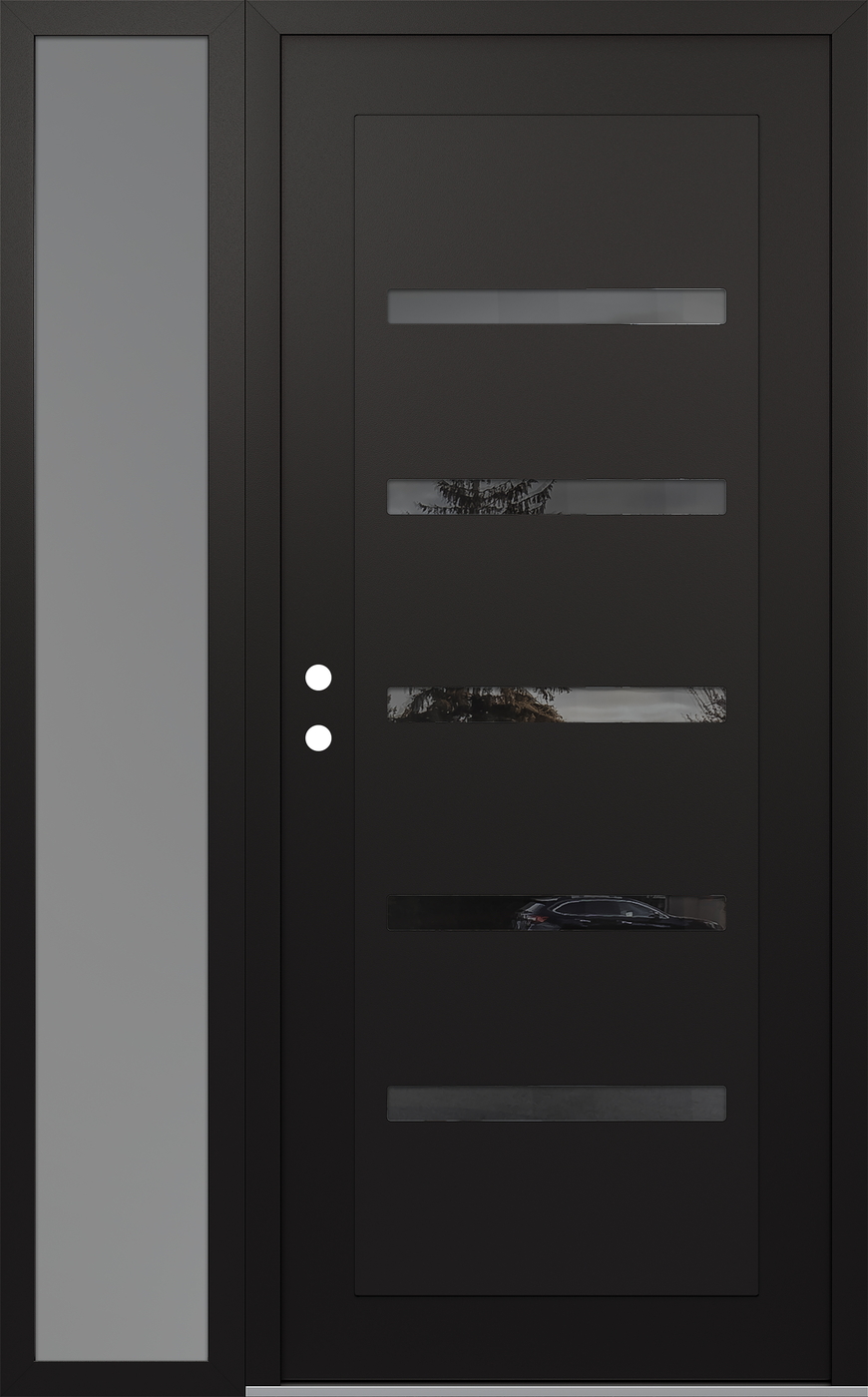 Modern Steel Front Door Diamond C7 50" x 80" black/black mirrored Glass Panel black RHI with Sidelite frosted Glass