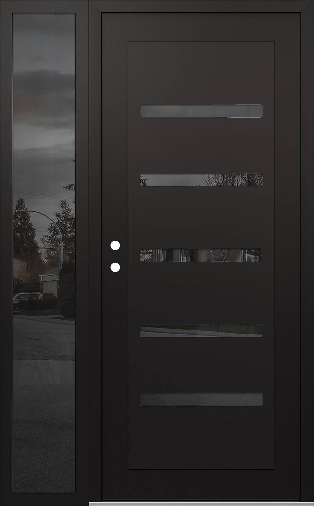 Modern Steel Front Door Diamond C7 50" x 80" black/black mirrored Glass Panel black RHI with Sidelite mirrored Glass