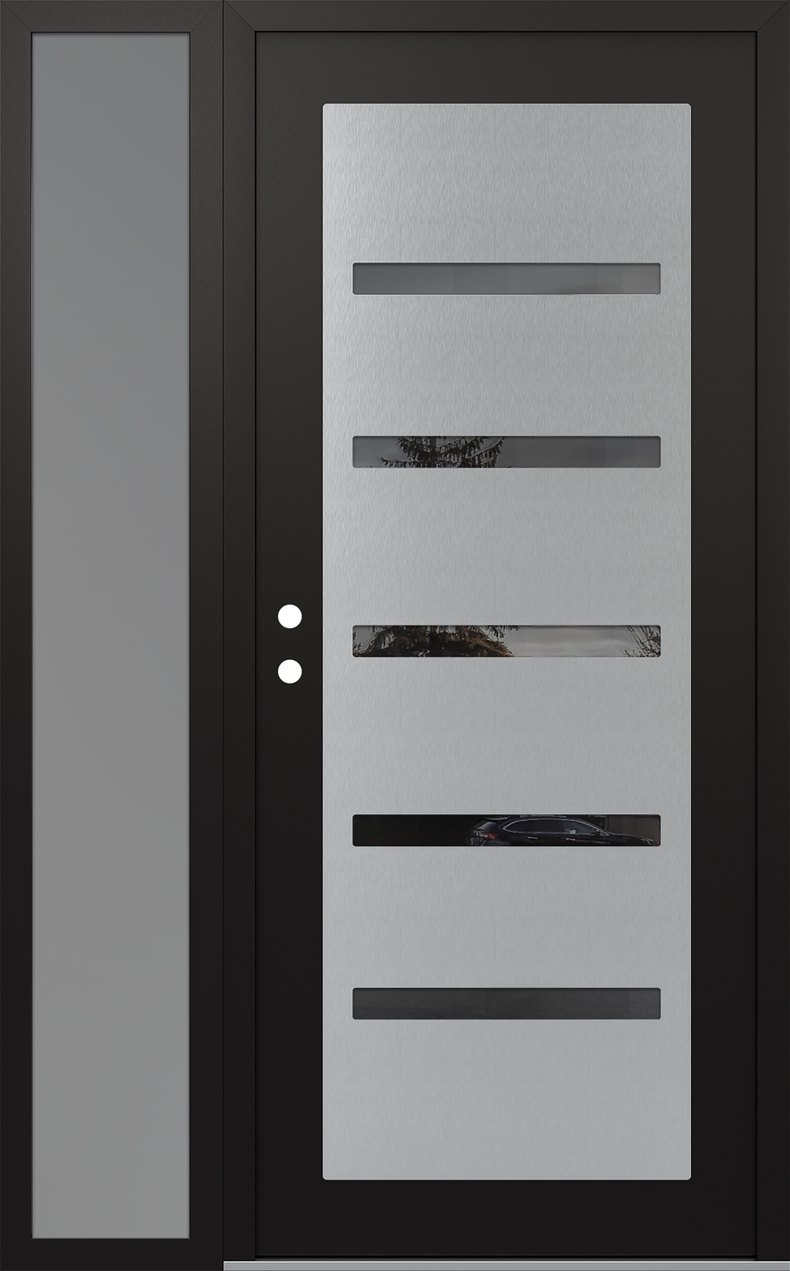 Modern Steel Front Door Diamond C7 50" x 80" black/black mirrored Glass Panel stainless steel RHI with Sidelite frosted Glass