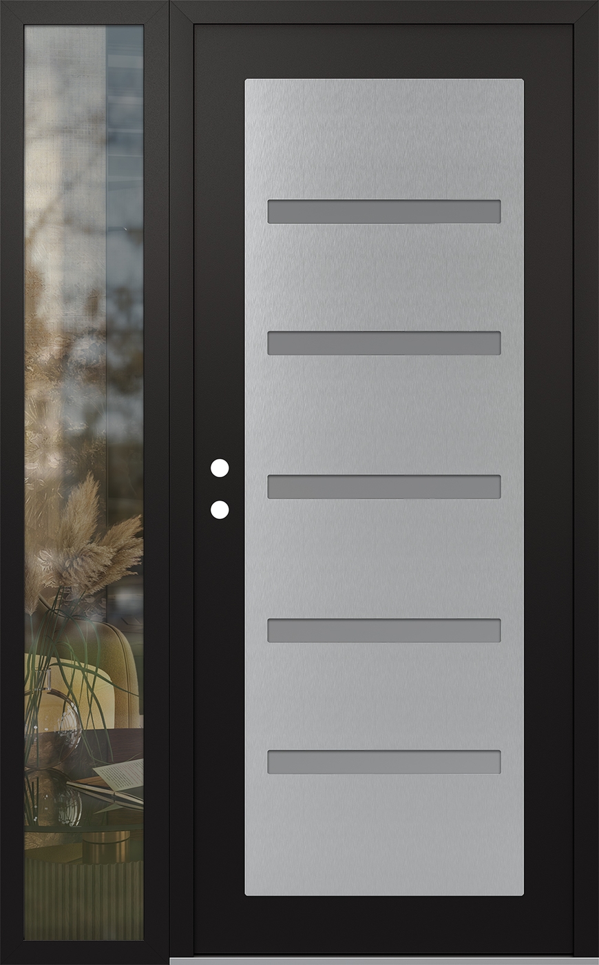 Modern Steel Front Door Diamond C7 50" x 80" black/white frosted Glass Panel stainless steel RHI with Sidelite clear Glass