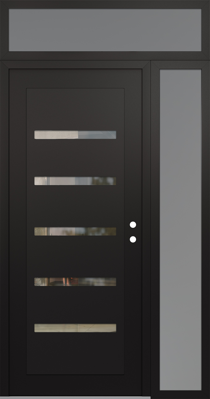 Modern Steel Front Door Diamond C7 50" x 96" black/black clear Glass Panel black LHI with Sidelite and Transom frosted Glass