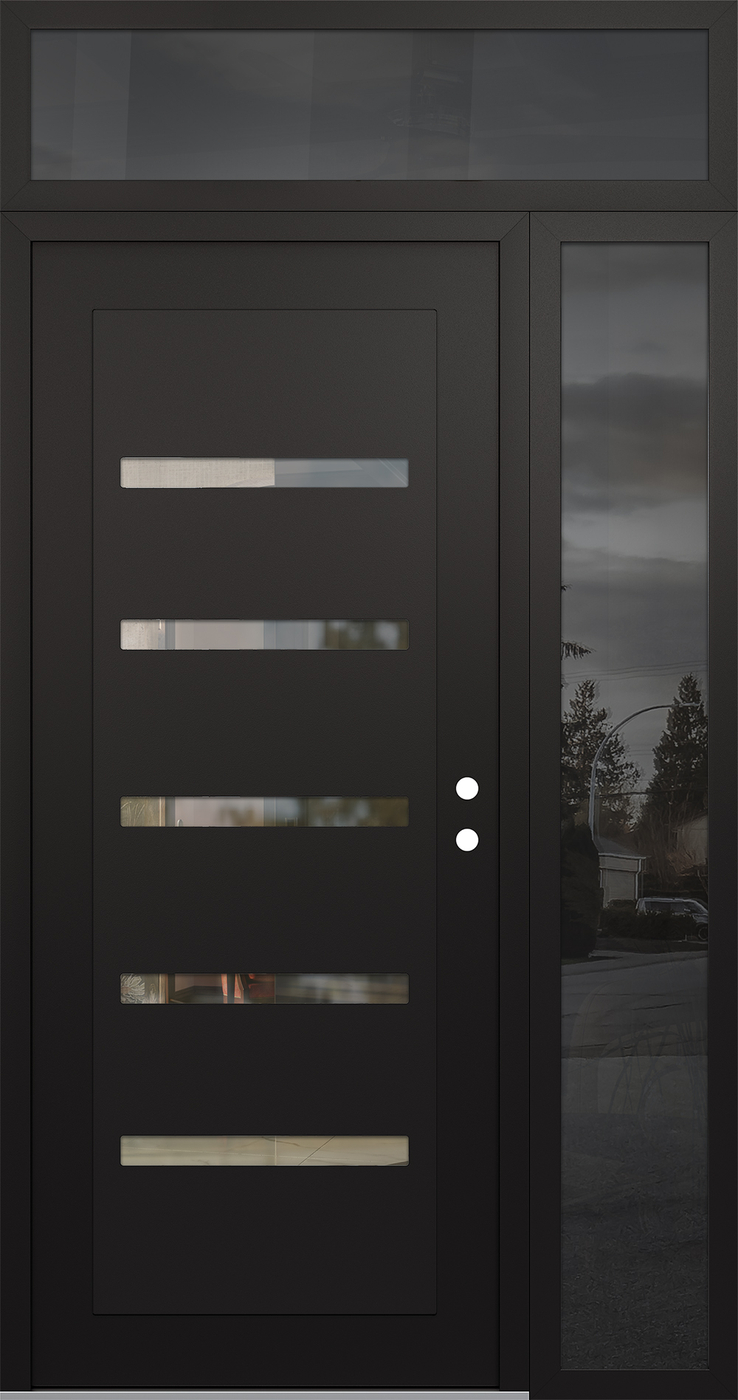 Modern Steel Front Door Diamond C7 50" x 96" black/black clear Glass Panel black LHI with Sidelite and Transom mirrored Glass