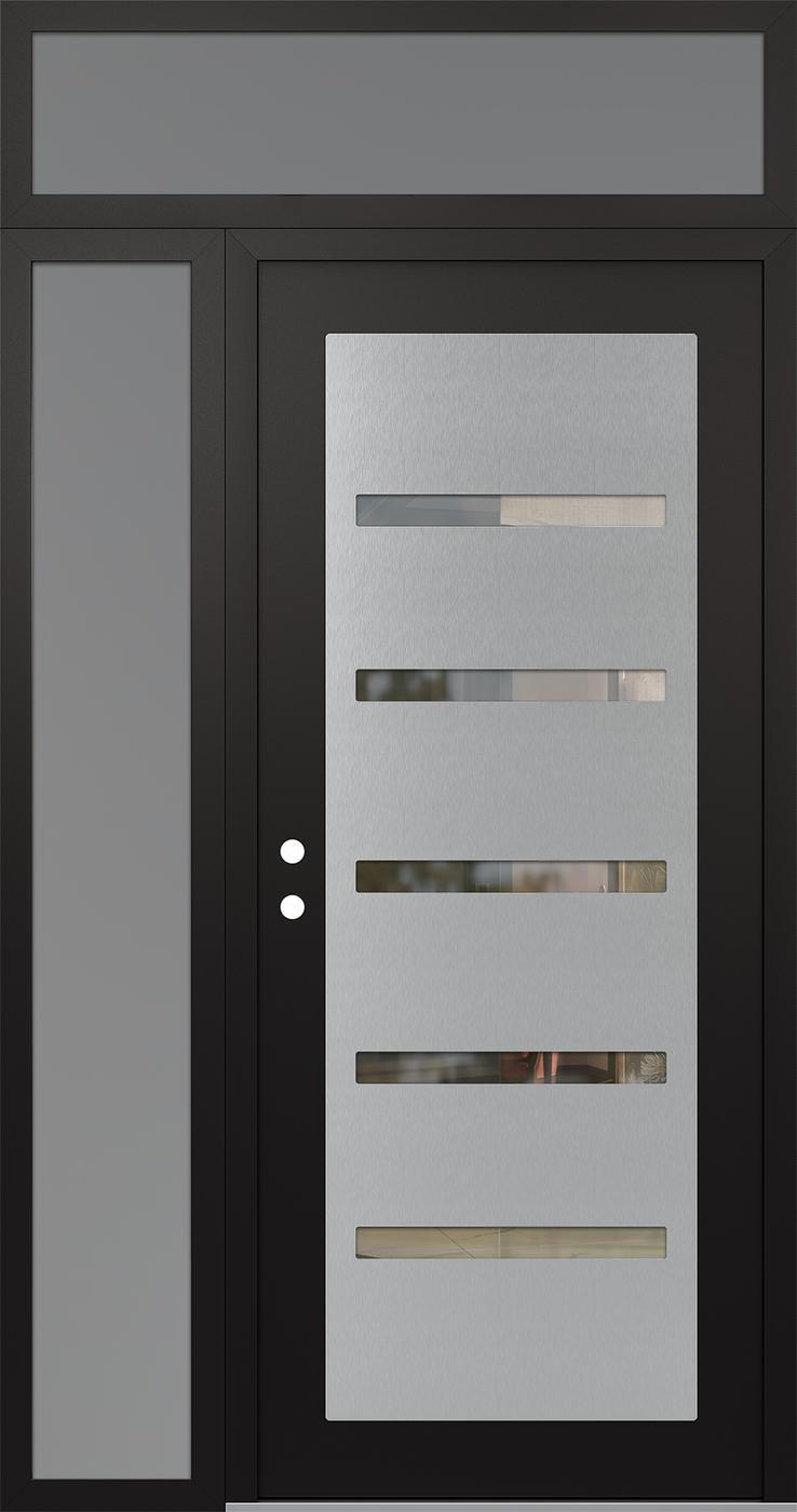 Modern Steel Front Door Diamond C7 50" x 96" black/black clear Glass Panel stainless steel RHI with Sidelite and Transom frosted Glass