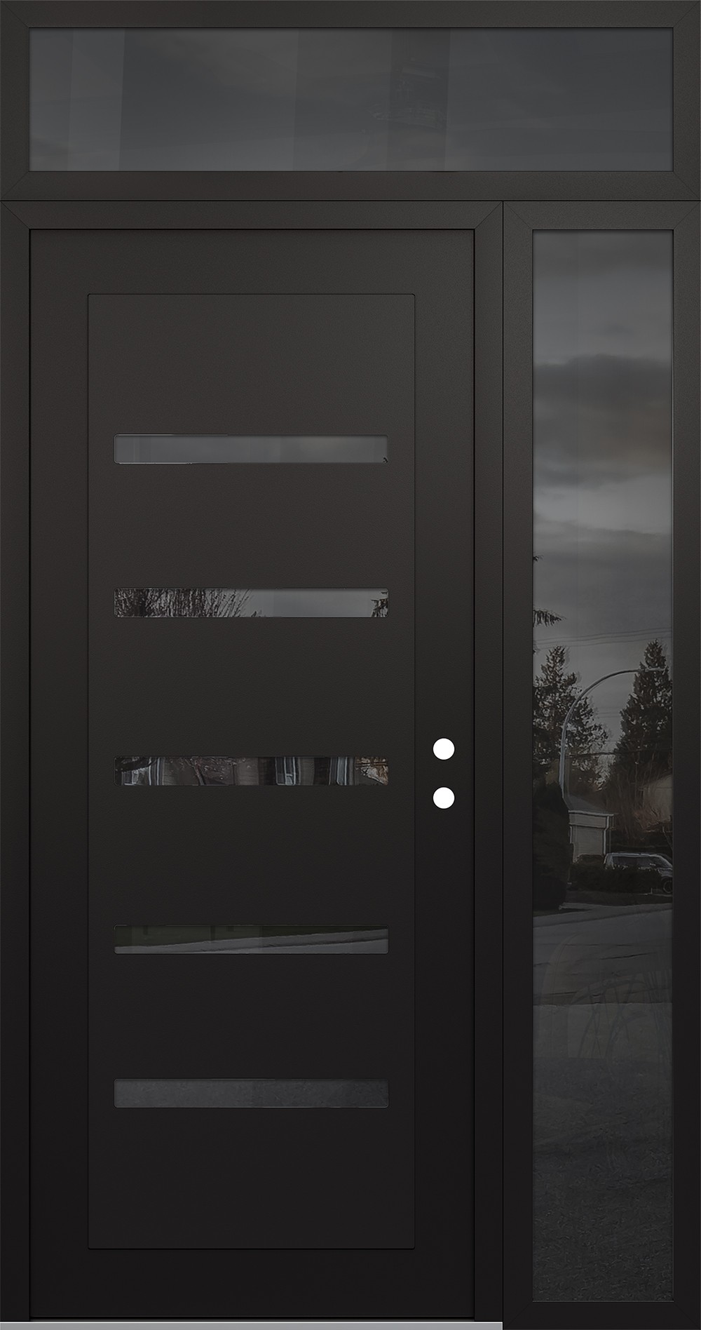 Modern Steel Front Door Diamond C7 50" x 96" black/black mirrored Glass Panel black LHI with Sidelite and Transom mirrored Glass