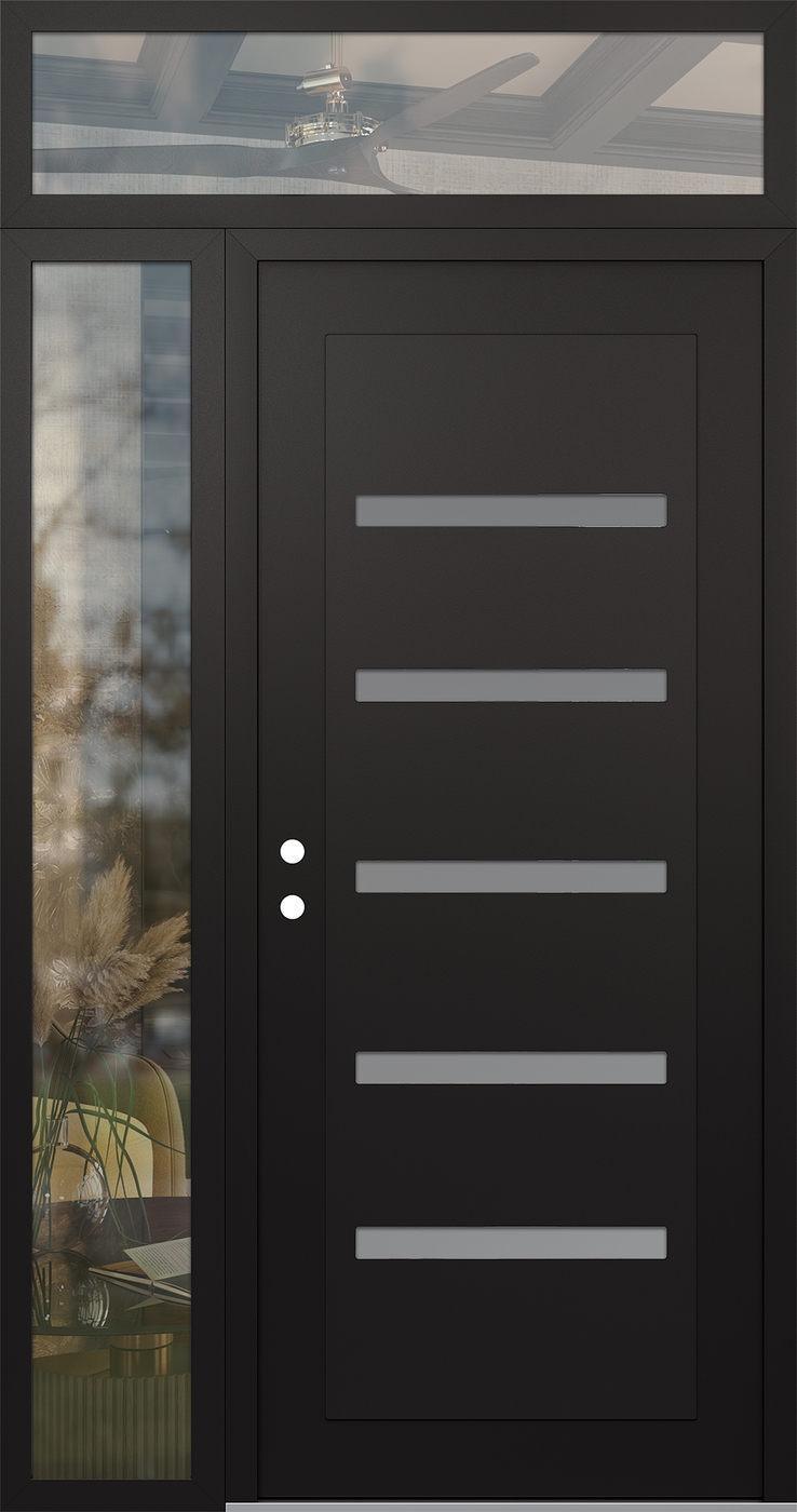 Modern Steel Front Door Diamond C7 50" x 96" black/white frosted Glass Panel black RHI with Sidelite and Transom clear Glass