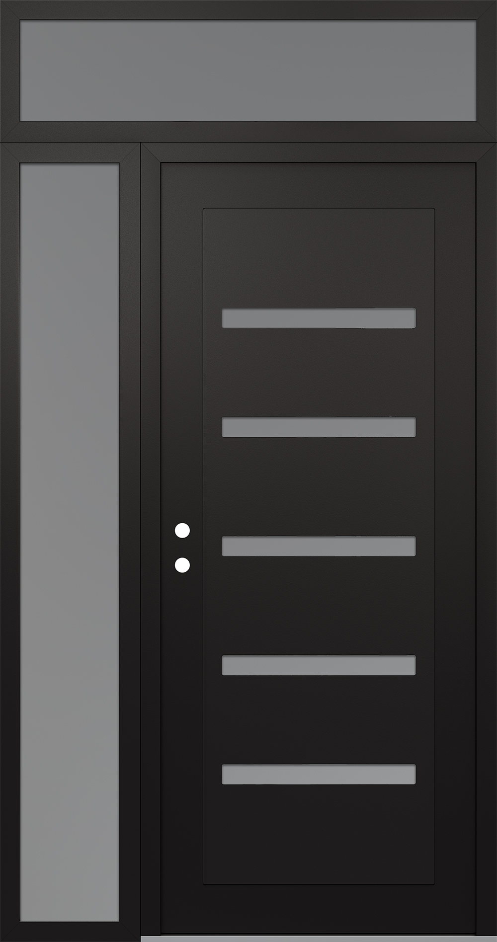 Modern Steel Front Door Diamond C7 50" x 96" black/white frosted Glass Panel black RHI with Sidelite and Transom frosted Glass