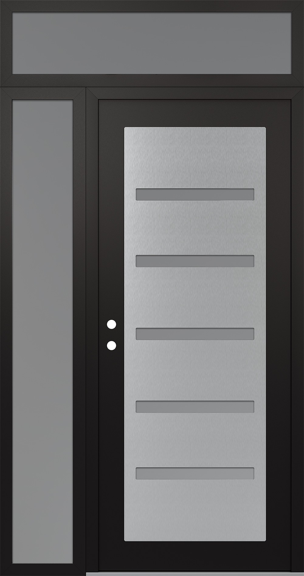 Modern Steel Front Door Diamond C7 50" x 96" black/white frosted Glass Panel stainless steel RHI with Sidelite and Transom frosted Glass