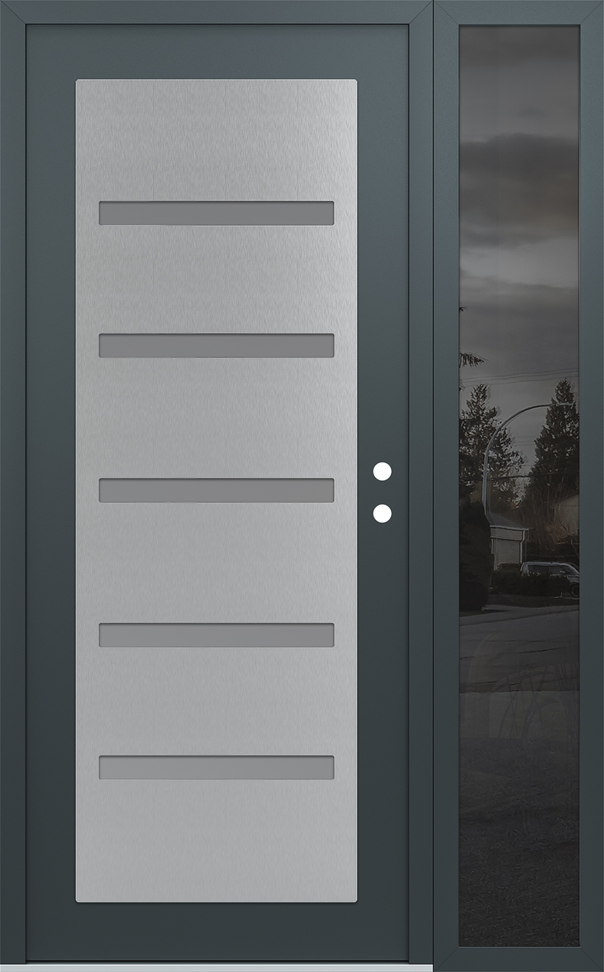 Modern Steel Front Door Diamond C7 52" x 80" anthracite/anthracite frosted Glass Panel stainless steel LHI with Sidelite mirrored Glass