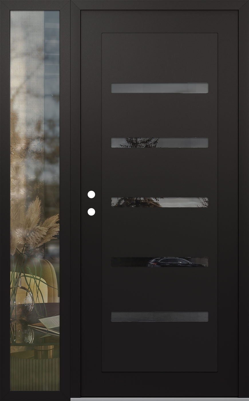 Modern Steel Front Door Diamond C7 52" x 80" black/black mirrored Glass Panel black RHI with Sidelite clear Glass