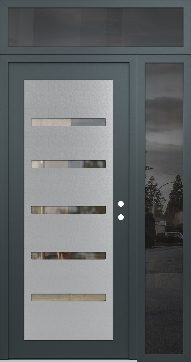 Modern Steel Front Door Diamond C7 52" x 96" anthracite/anthracite clear Glass Panel stainless steel LHI with Sidelite and Transom mirrored Glass