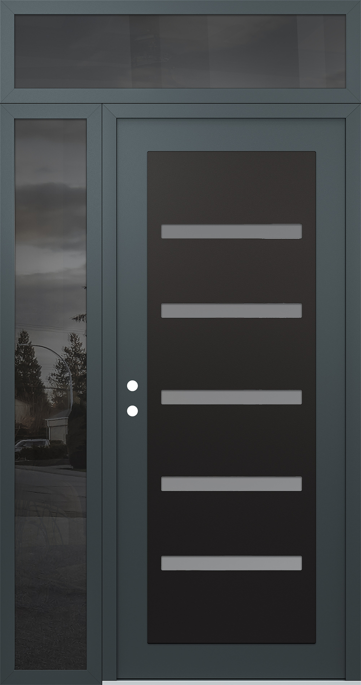 Modern Steel Front Door Diamond C7 52" x 96" anthracite/anthracite frosted Glass Panel black RHI with Sidelite and Transom mirrored Glass
