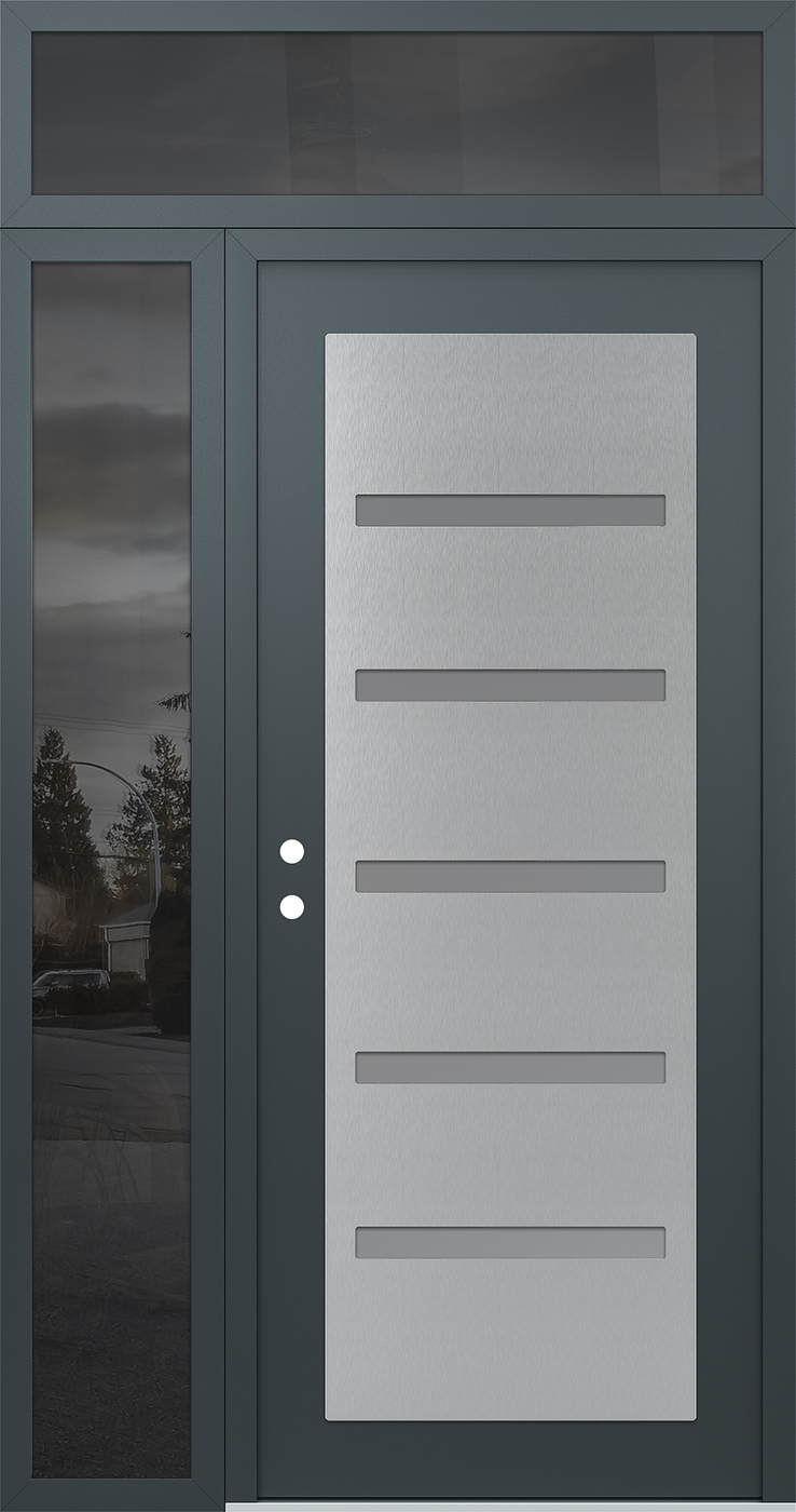 Modern Steel Front Door Diamond C7 52" x 96" anthracite/anthracite frosted Glass Panel stainless steel RHI with Sidelite and Transom mirrored Glass
