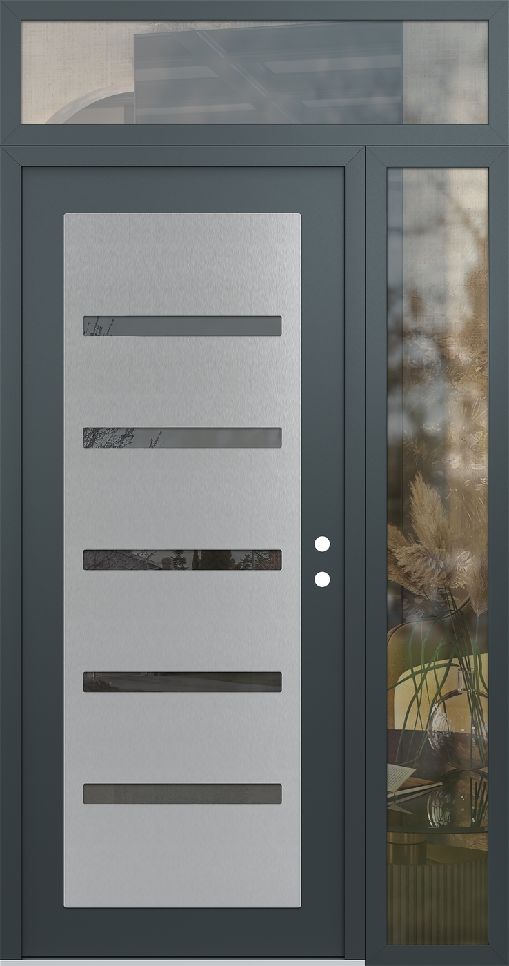 Modern Steel Front Door Diamond C7 52" x 96" anthracite/anthracite mirrored Glass Panel stainless steel LHI with Sidelite and Transom clear Glass