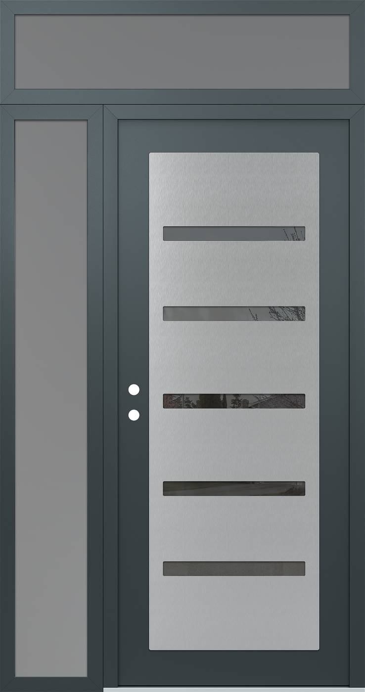 Modern Steel Front Door Diamond C7 52" x 96" anthracite/anthracite mirrored Glass Panel stainless steel RHI with Sidelite and Transom frosted Glass