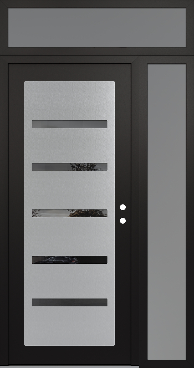 Modern Steel Front Door Diamond C7 52" x 96" black/black mirrored Glass Panel stainless steel LHI with Sidelite and Transom frosted Glass