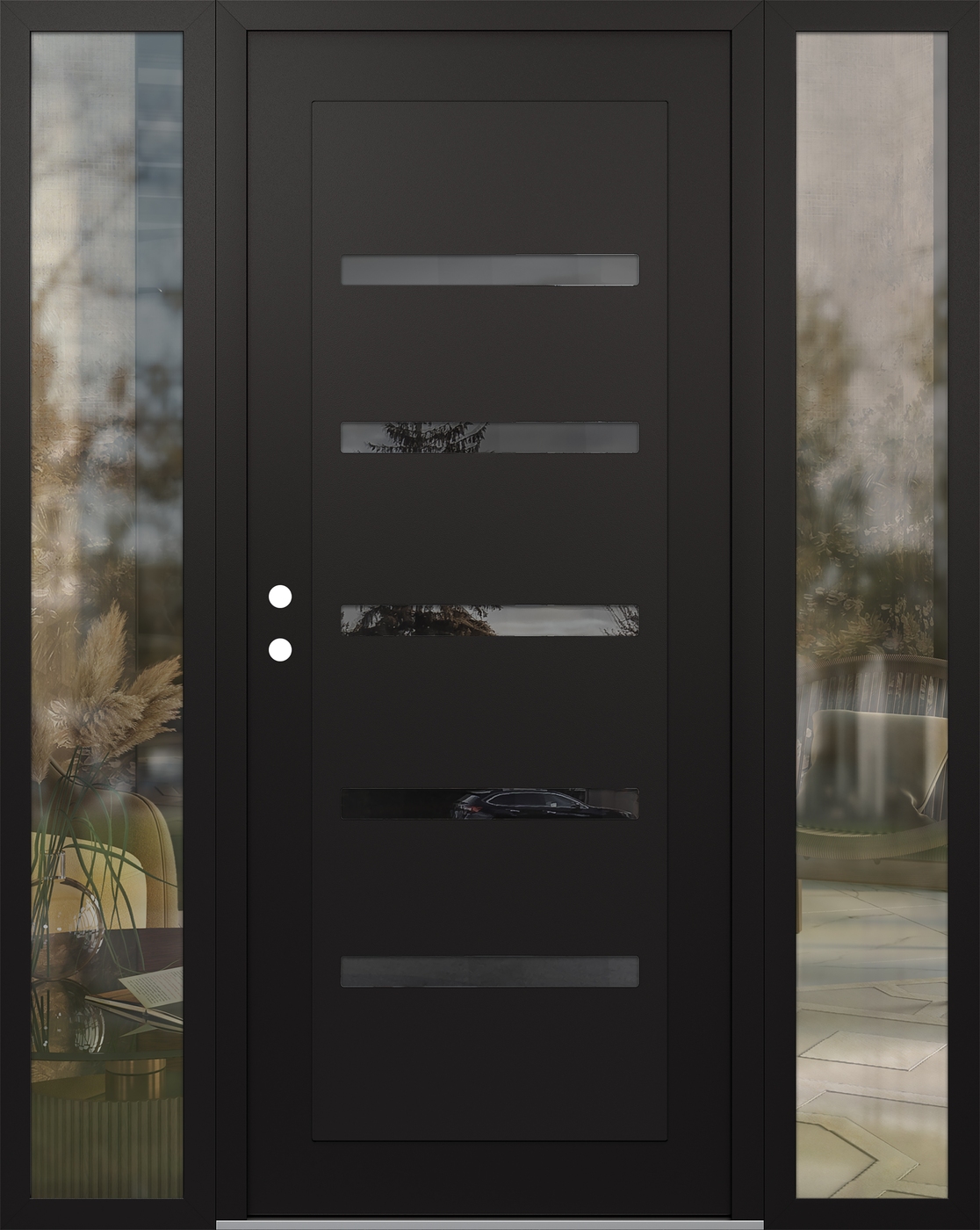 Modern Steel Front Door Diamond C7 60" x 80" black/black mirrored Glass Panel black RHI with 2 Sidelites clear Glass