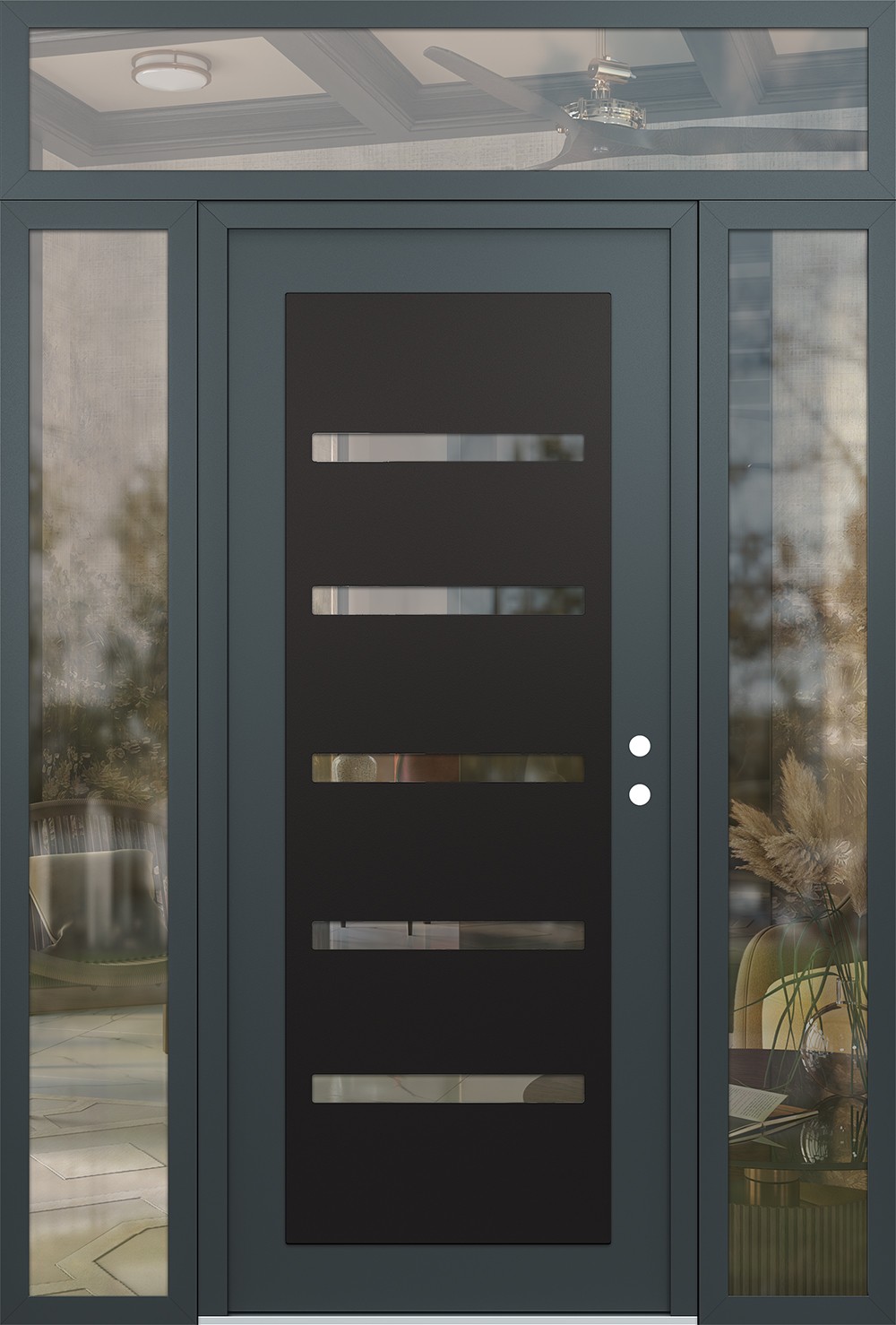 Modern Steel Front Door Diamond C7 60" x 96" anthracite/anthracite clear Glass Panel black LHI with 2 Sidelites and Transom clear Glass