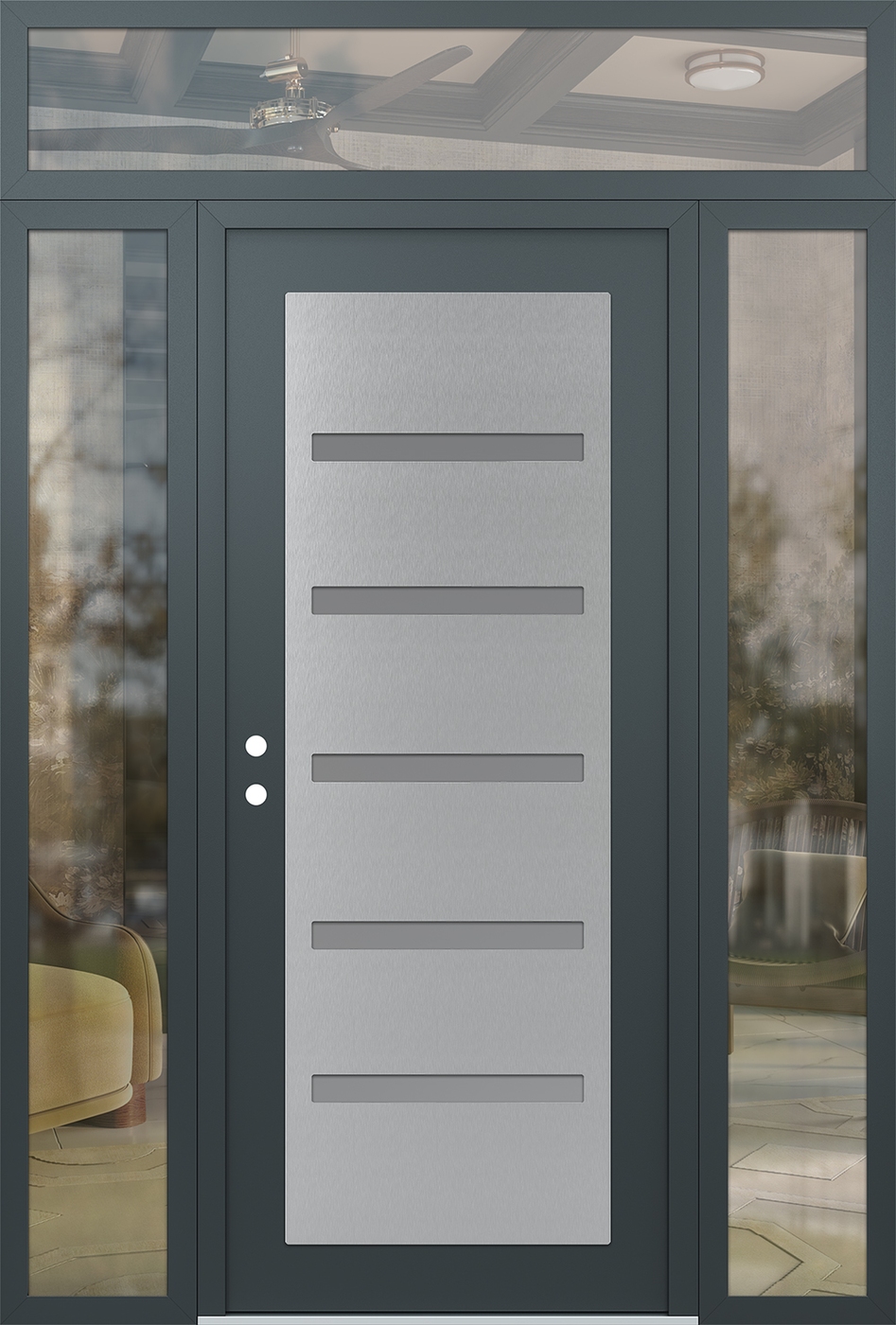Modern Steel Front Door Diamond C7 60" x 96" anthracite/anthracite frosted Glass Panel stainless steel RHI with 2 Sidelites and Transom clear Glass