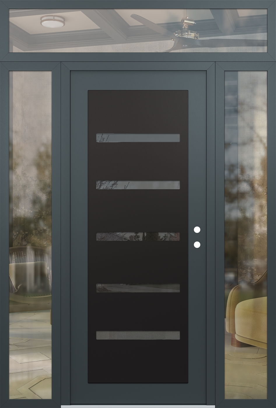 Modern Steel Front Door Diamond C7 60" x 96" anthracite/anthracite mirrored Glass Panel black LHI with 2 Sidelites and Transom clear Glass
