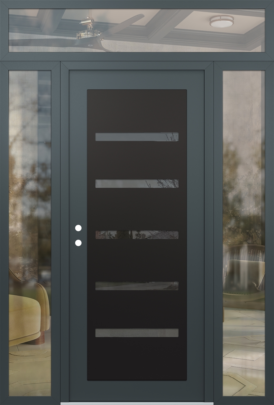 Modern Steel Front Door Diamond C7 60" x 96" anthracite/anthracite mirrored Glass Panel black RHI with 2 Sidelites and Transom clear Glass