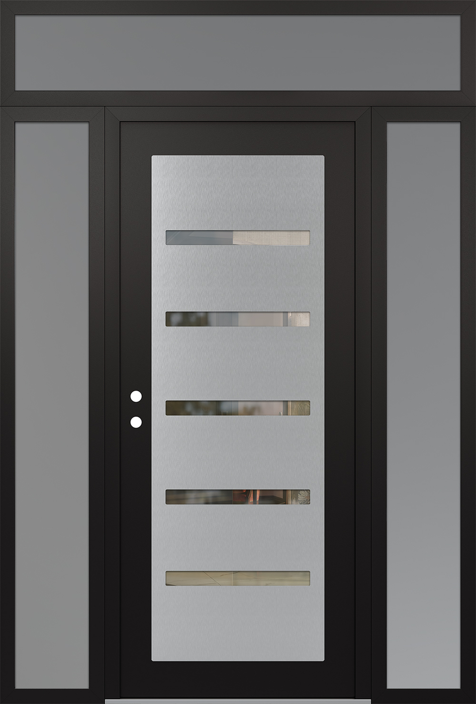 Modern Steel Front Door Diamond C7 60" x 96" black/black clear Glass Panel stainless steel RHI with 2 Sidelites and Transom frosted Glass