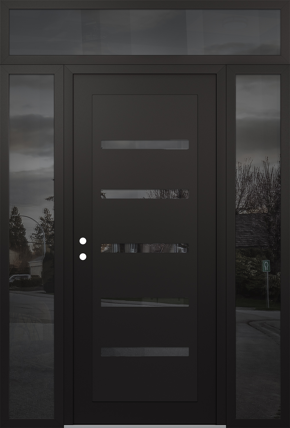 Modern Steel Front Door Diamond C7 60" x 96" black/black mirrored Glass Panel black RHI with 2 Sidelites and Transom mirrored Glass