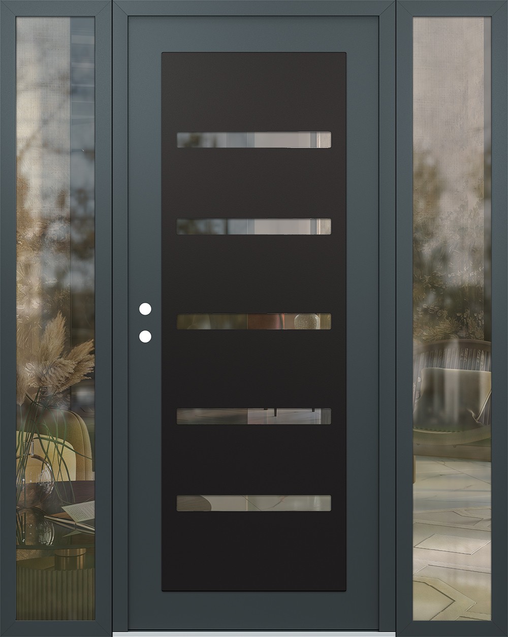 Modern Steel Front Door Diamond C7 64" x 80" anthracite/anthracite clear Glass Panel black RHI with 2 Sidelites clear Glass