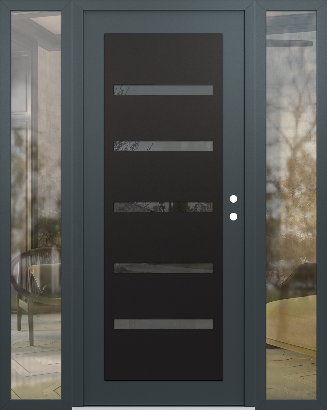 Modern Steel Front Door Diamond C7 64" x 80" anthracite/anthracite mirrored Glass Panel black LHI with 2 Sidelites clear Glass