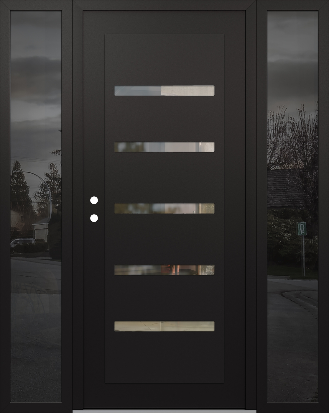Modern Steel Front Door Diamond C7 64" x 80" black/black clear Glass Panel black RHI with 2 Sidelites mirrored Glass