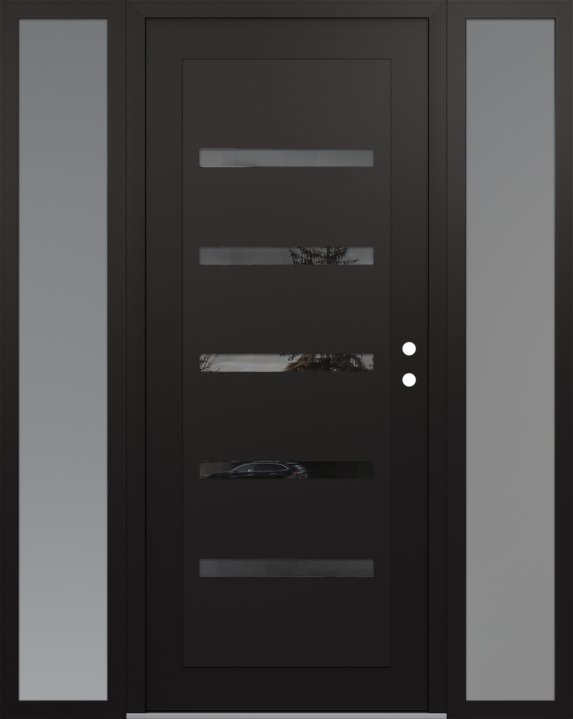 Modern Steel Front Door Diamond C7 64" x 80" black/black mirrored Glass Panel black LHI with 2 Sidelites frosted Glass