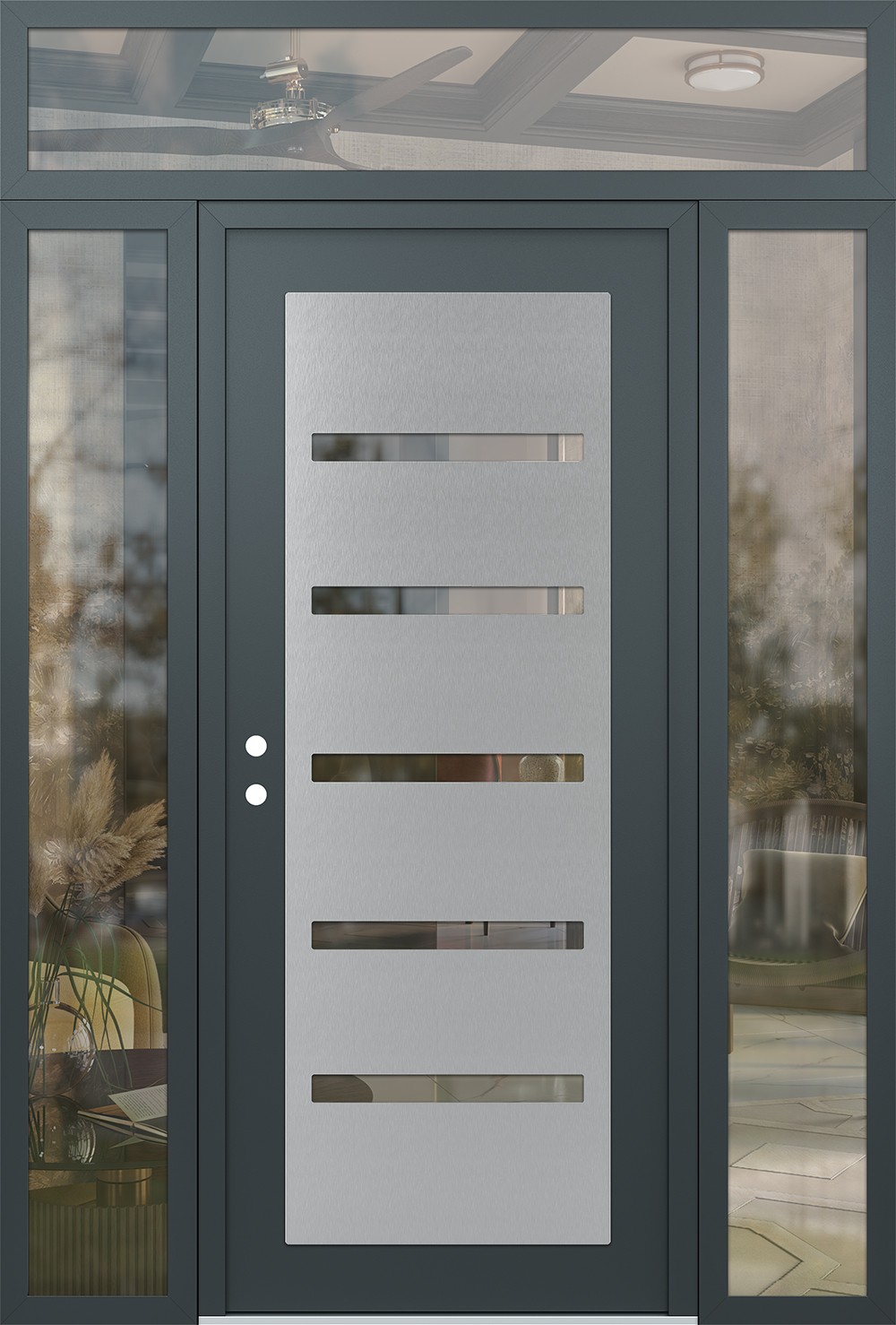 Modern Steel Front Door Diamond C7 64" x 96" anthracite/anthracite clear Glass Panel stainless steel RHI with 2 Sidelites and Transom clear Glass