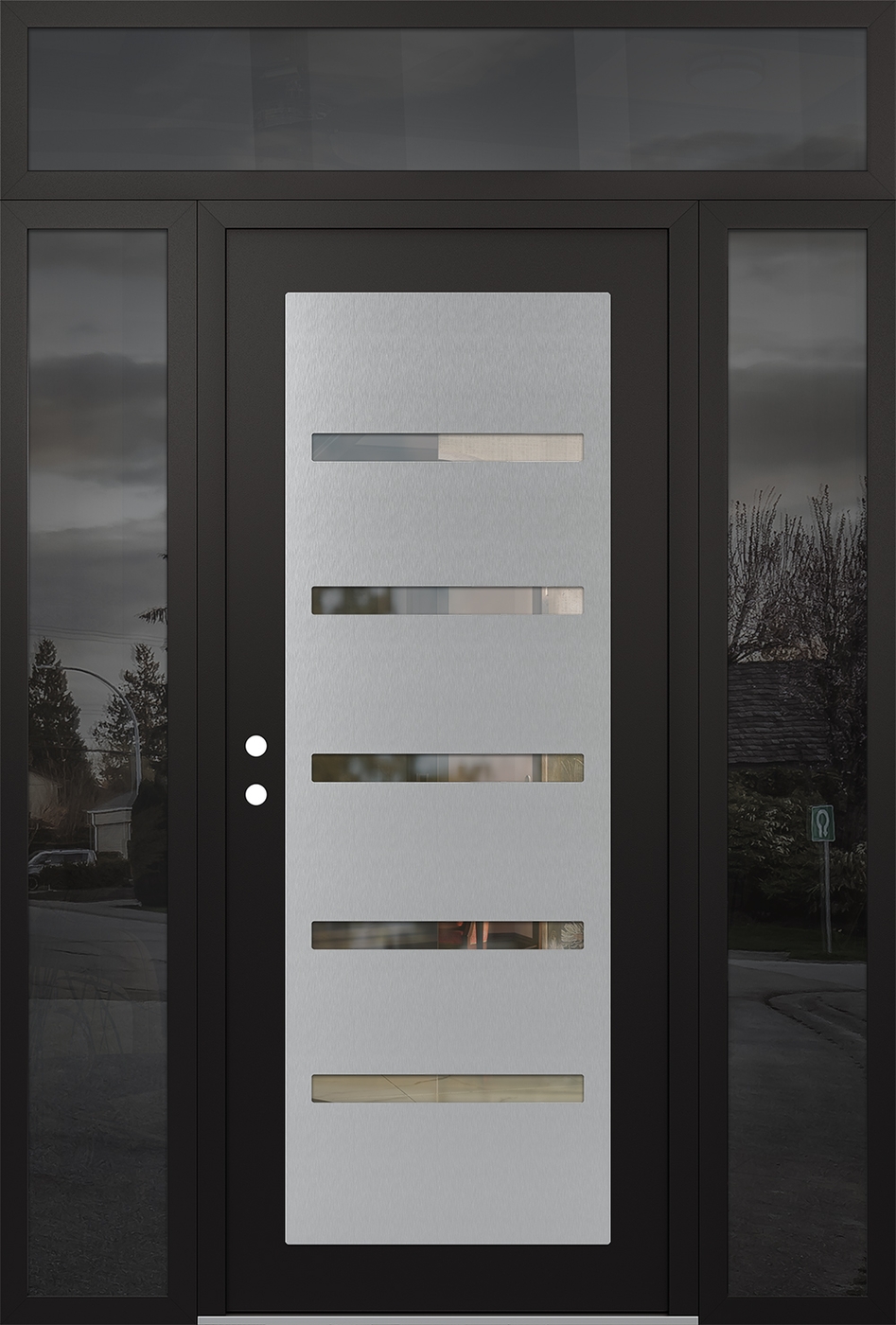 Modern Steel Front Door Diamond C7 64" x 96" black/black clear Glass Panel stainless steel RHI with 2 Sidelites and Transom mirrored Glass