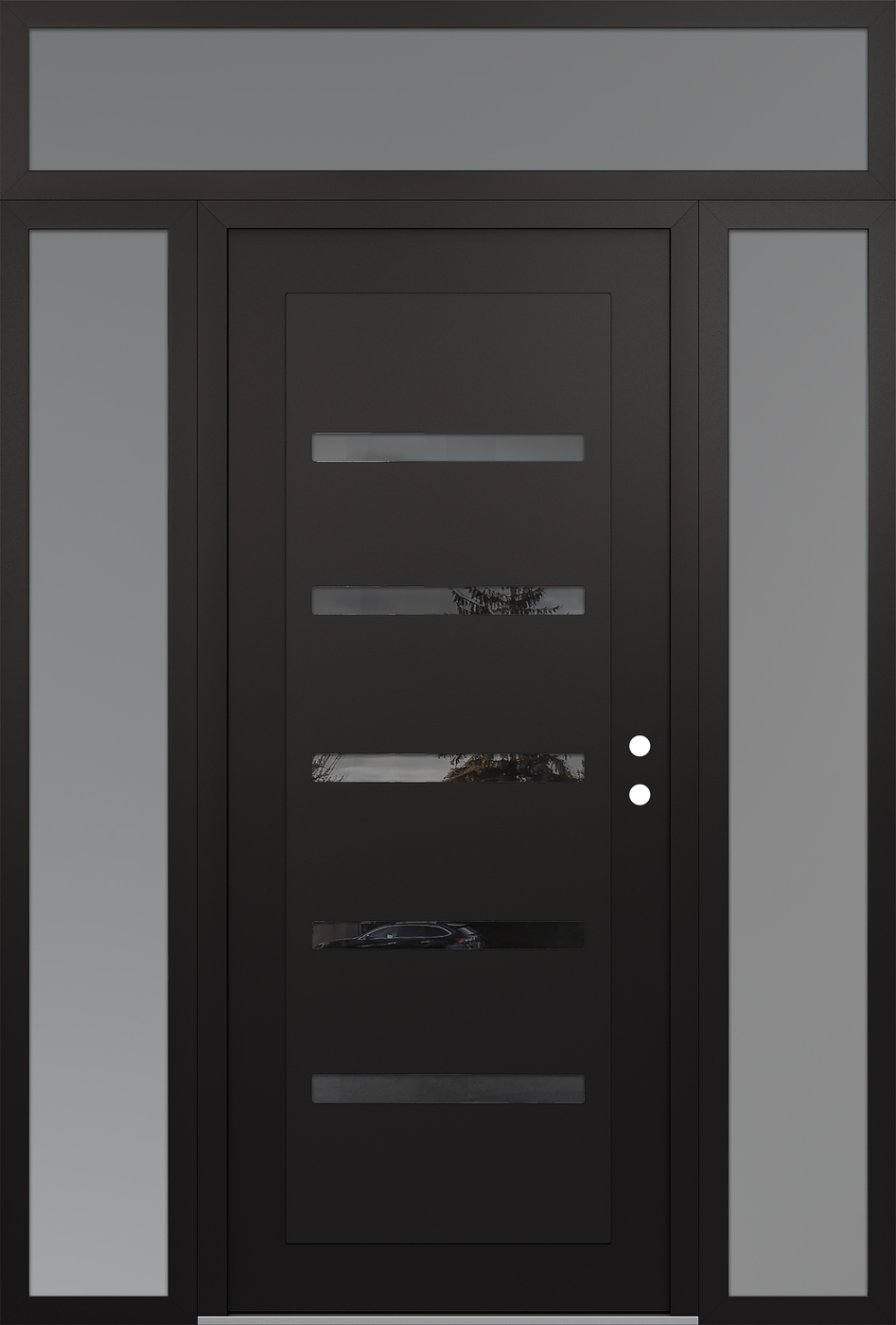 Modern Steel Front Door Diamond C7 64" x 96" black/black mirrored Glass Panel black LHI with 2 Sidelites and Transom frosted Glass