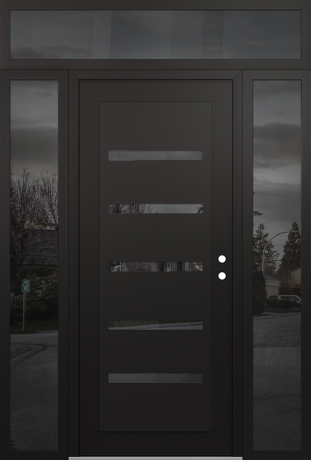 Modern Steel Front Door Diamond C7 64" x 96" black/black mirrored Glass Panel black LHI with 2 Sidelites and Transom mirrored Glass